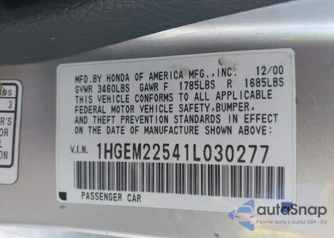 2001 Honda Civic Lx из США, поврежденный, VIN 1HGEM22541L030277